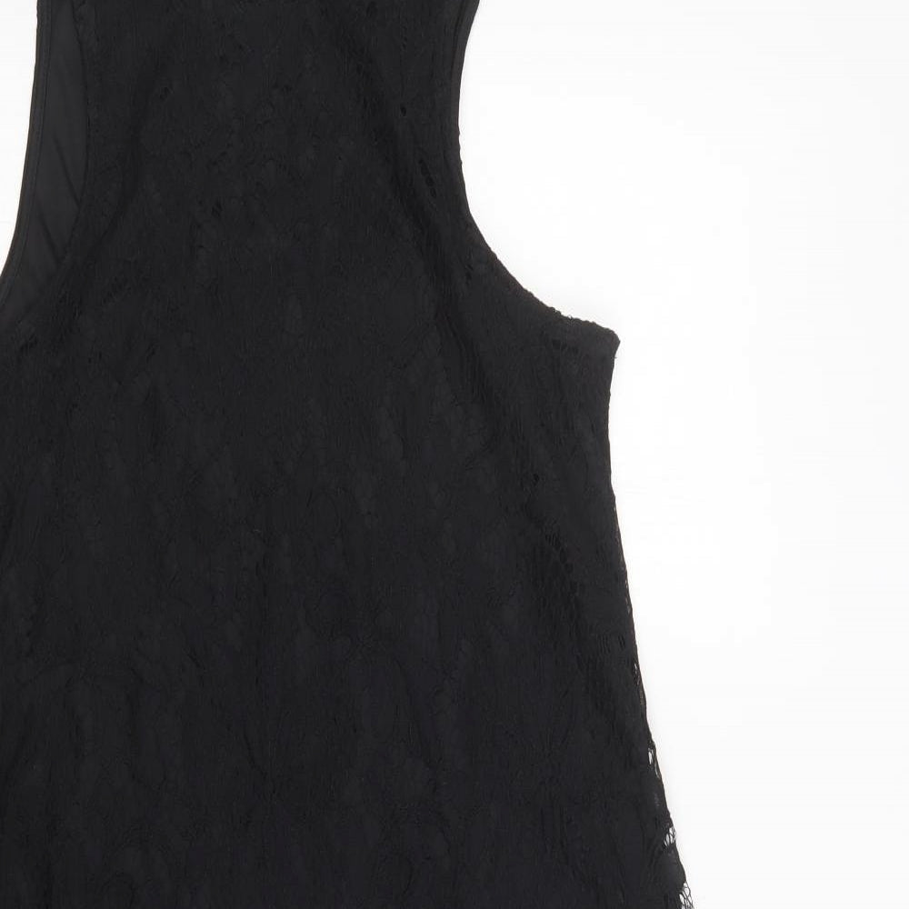 Love Fire Womens Black  Nylon Shift  Size XS  Mock Neck Button - Lace Overlay
