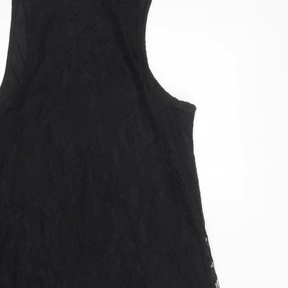 Love Fire Womens Black  Nylon Shift  Size XS  Mock Neck Button - Lace Overlay