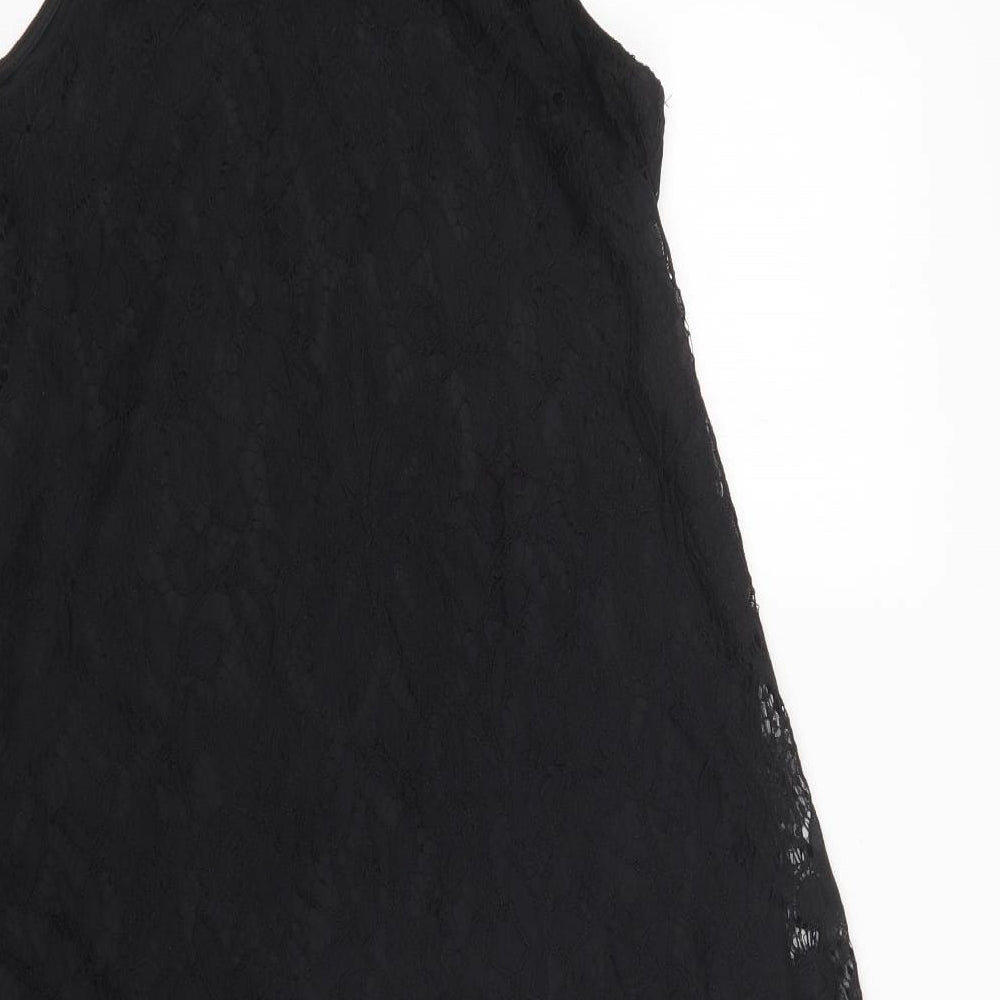 Love Fire Womens Black  Nylon Shift  Size XS  Mock Neck Button - Lace Overlay