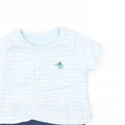 M&S Baby Blue Striped Cotton Romper One-Piece Size 0-3 Months  Snap