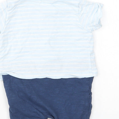 M&S Baby Blue Striped Cotton Romper One-Piece Size 0-3 Months  Snap