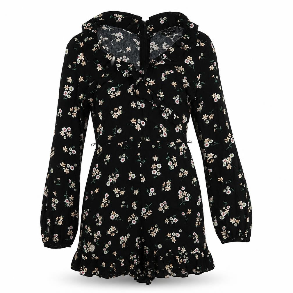 Front view of Topshop women’s black floral viscose romper one-piece, size UK 6, zip