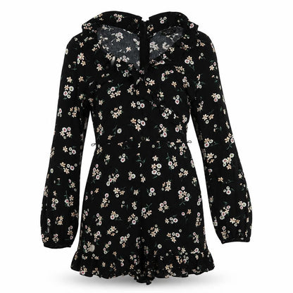 Front view of Topshop women’s black floral viscose romper one-piece, size UK 6, zip