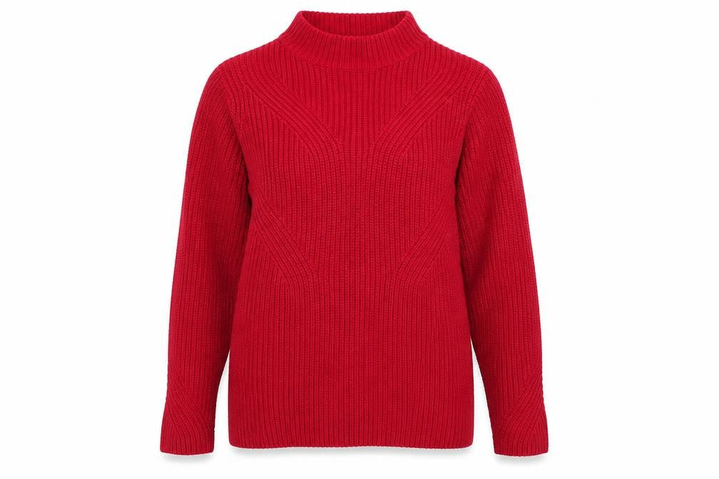 Front view of Damart women’s purple mock neck acrylic jumper, size UK 14
