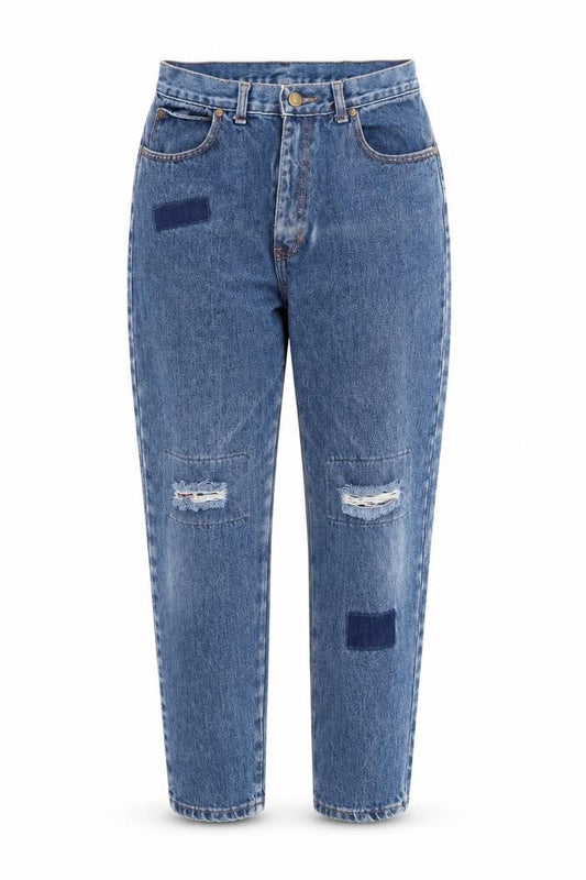 Front view of Europa women’s blue cotton mom jeans, size UK 28, in, 28-inch leg regular zip