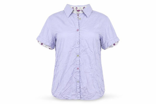 Front view of Tayberry women’s purple cotton basic button-up, size L, collared