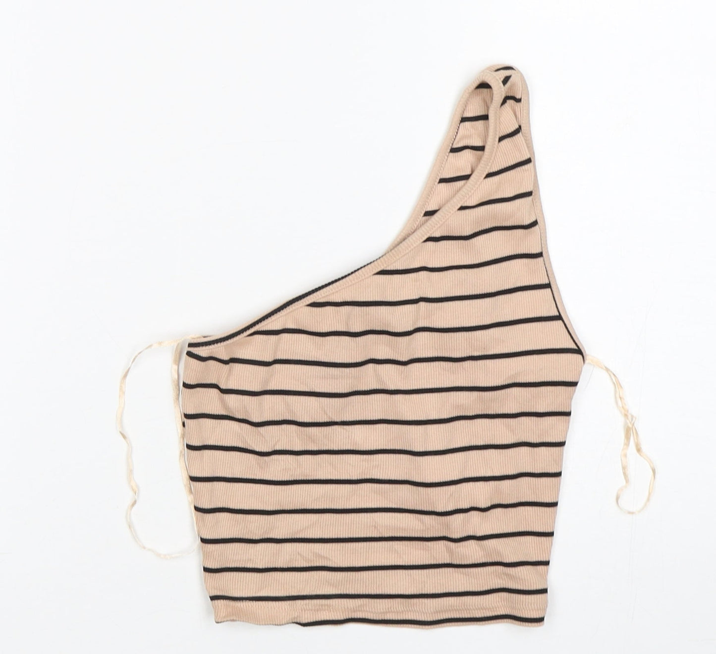 Primark Womens Beige Striped Cotton Cropped Tank Size 2XS One Shoulder