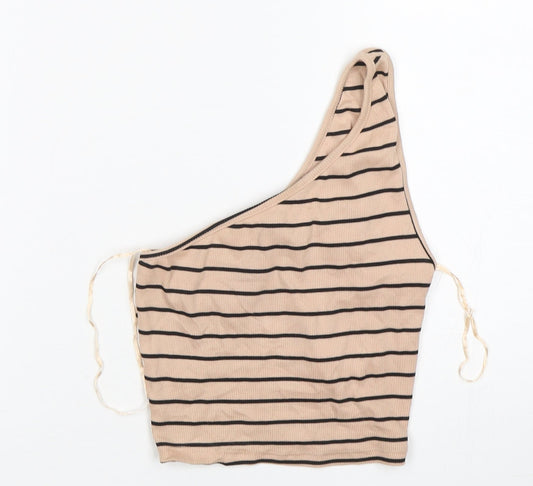 Primark Womens Beige Striped Cotton Cropped Tank Size 2XS One Shoulder