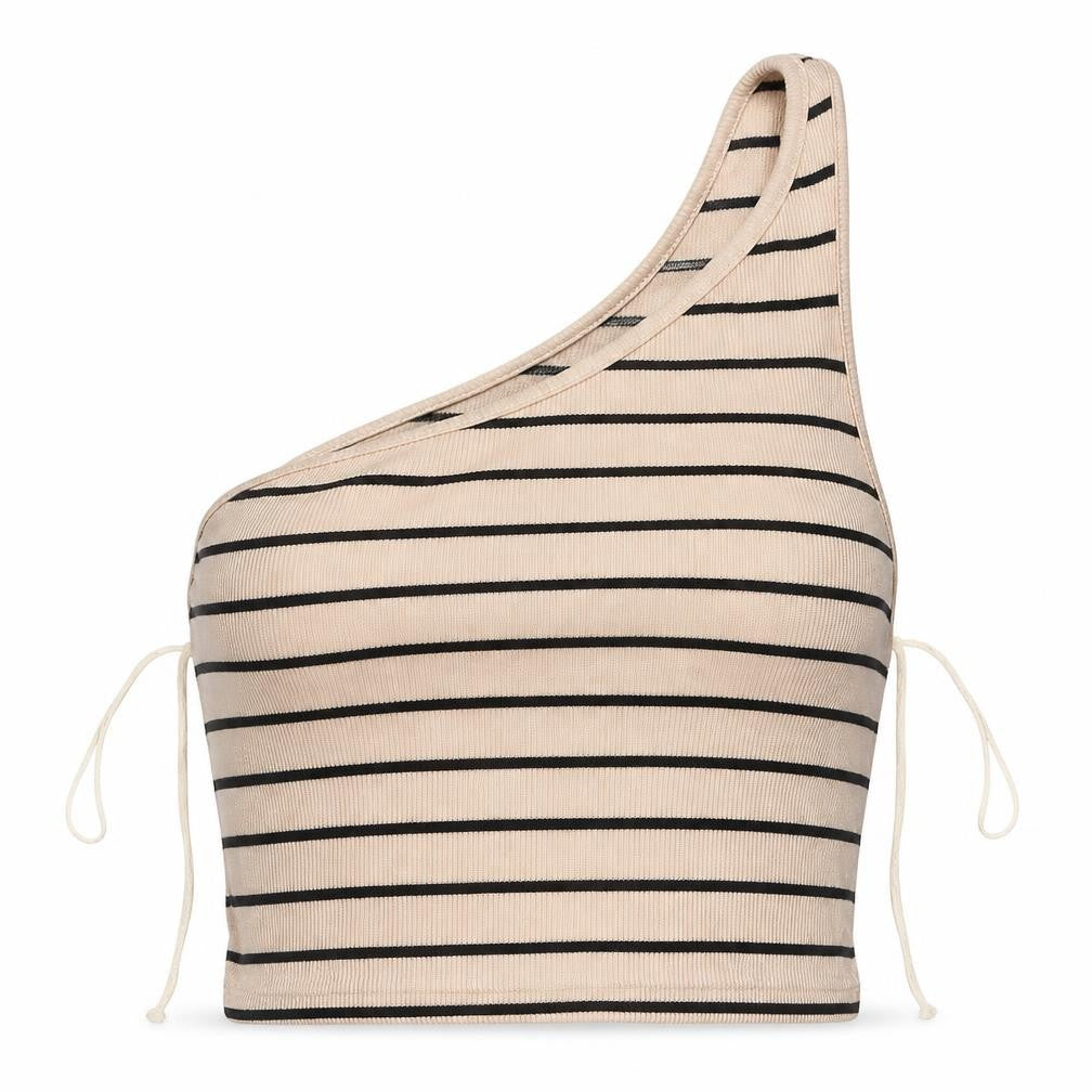 Front view of Primark women’s beige striped cotton cropped tank size 2xs one shoulder