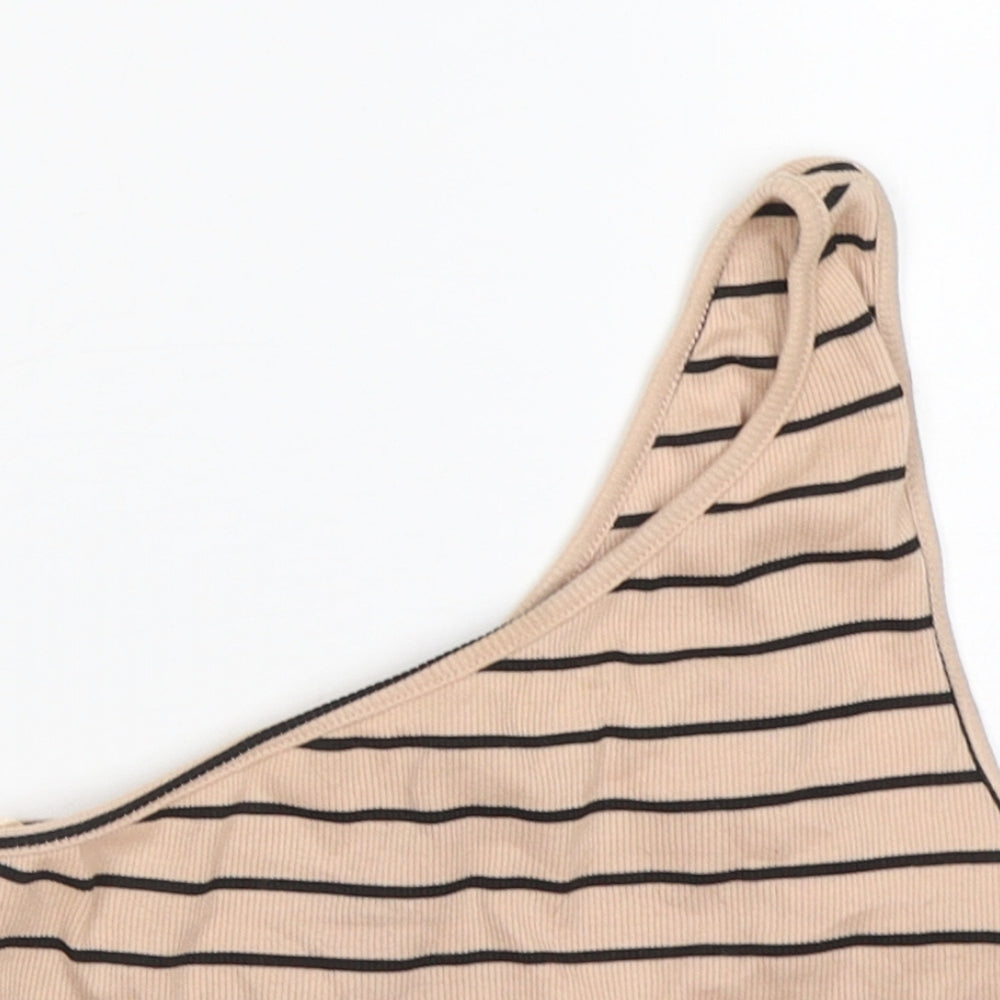 Primark Womens Beige Striped Cotton Cropped Tank Size 2XS One Shoulder