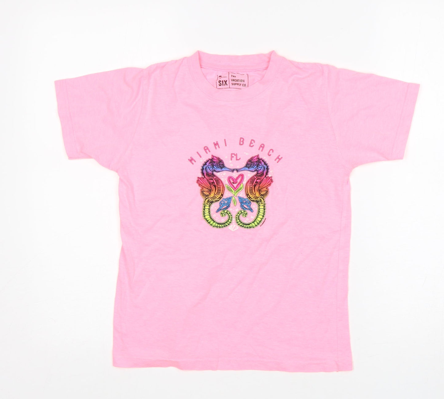 The Vacation Supply Co Girls Pink  Cotton Basic T-Shirt Size M Round Neck  - Miami Beach