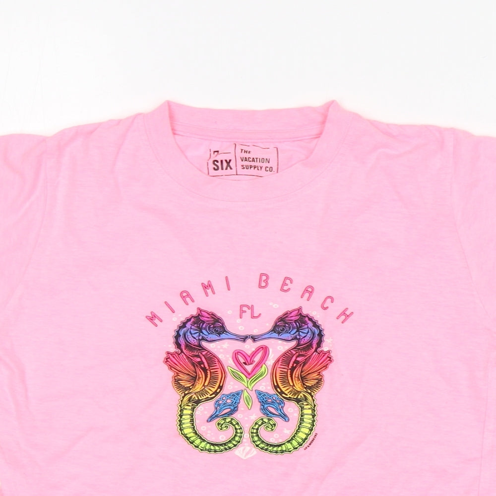 The Vacation Supply Co Girls Pink  Cotton Basic T-Shirt Size M Round Neck  - Miami Beach