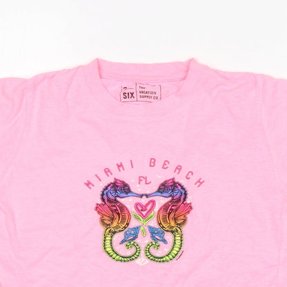 The Vacation Supply Co Girls Pink  Cotton Basic T-Shirt Size M Round Neck  - Miami Beach