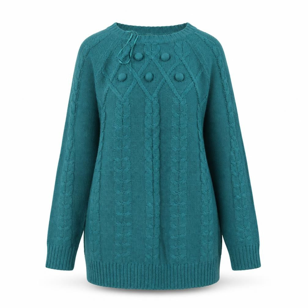 Front view of Damart women’s green round neck acrylic jumper, size UK 10