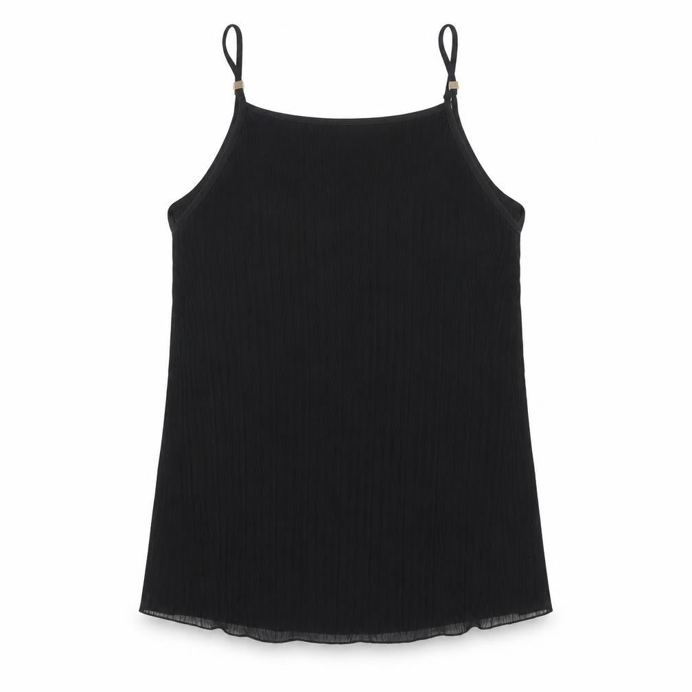Front view of New Look women’s black striped polyester camisole blouse, size UK 12, round neck