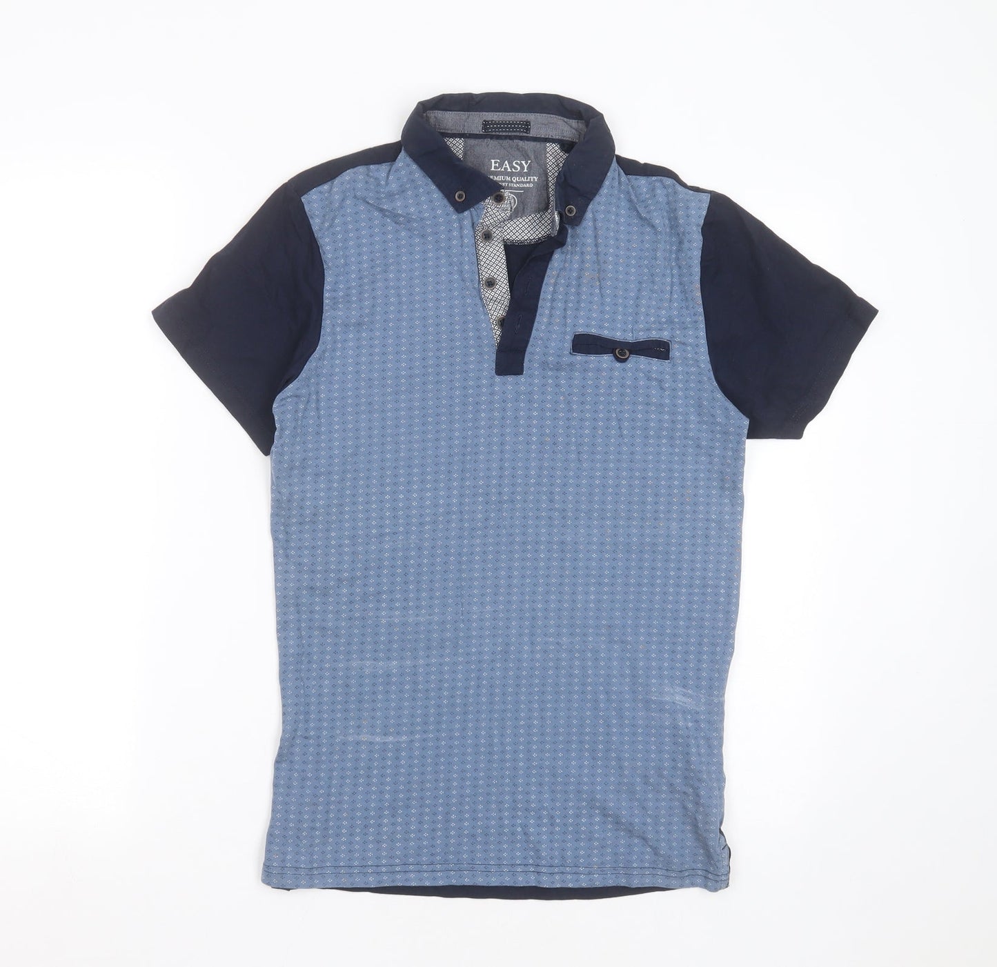 Easy Mens Blue Geometric Cotton  Polo Size S Collared