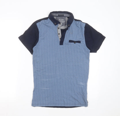 Easy Mens Blue Geometric Cotton  Polo Size S Collared