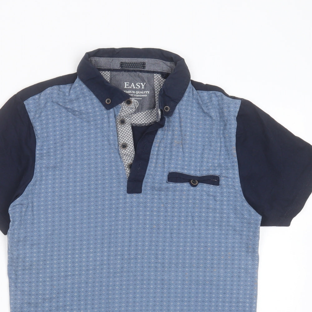 Easy Mens Blue Geometric Cotton  Polo Size S Collared