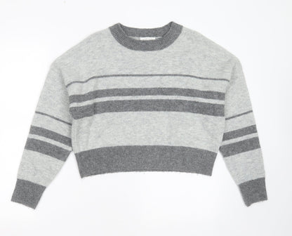 Topshop Womens Grey Round Neck Striped Acrylic Pullover Jumper Size 8