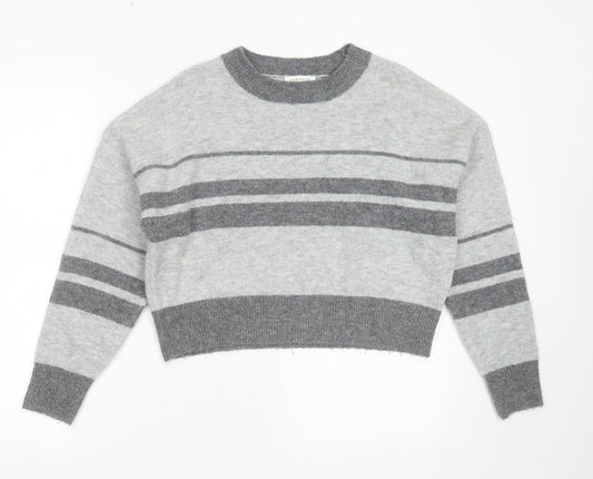 Topshop Womens Grey Round Neck Striped Acrylic Pullover Jumper Size 8