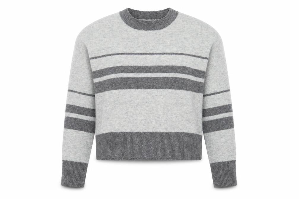 Front view of Topshop women’s grey round neck striped acrylic jumper, size UK 8