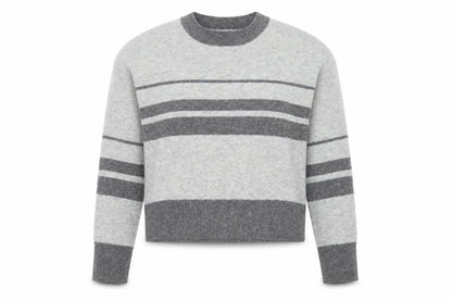 Front view of Topshop women’s grey round neck striped acrylic jumper, size UK 8