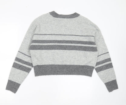 Topshop Womens Grey Round Neck Striped Acrylic Pullover Jumper Size 8