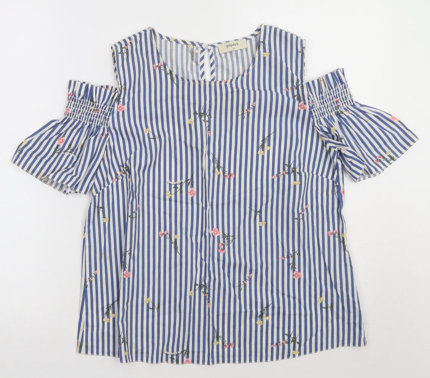 Matalan Womens Blue Striped Cotton Basic Tank Size 12 Crew Neck - Cold shoulder