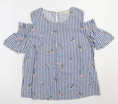 Matalan Womens Blue Striped Cotton Basic Tank Size 12 Crew Neck - Cold shoulder