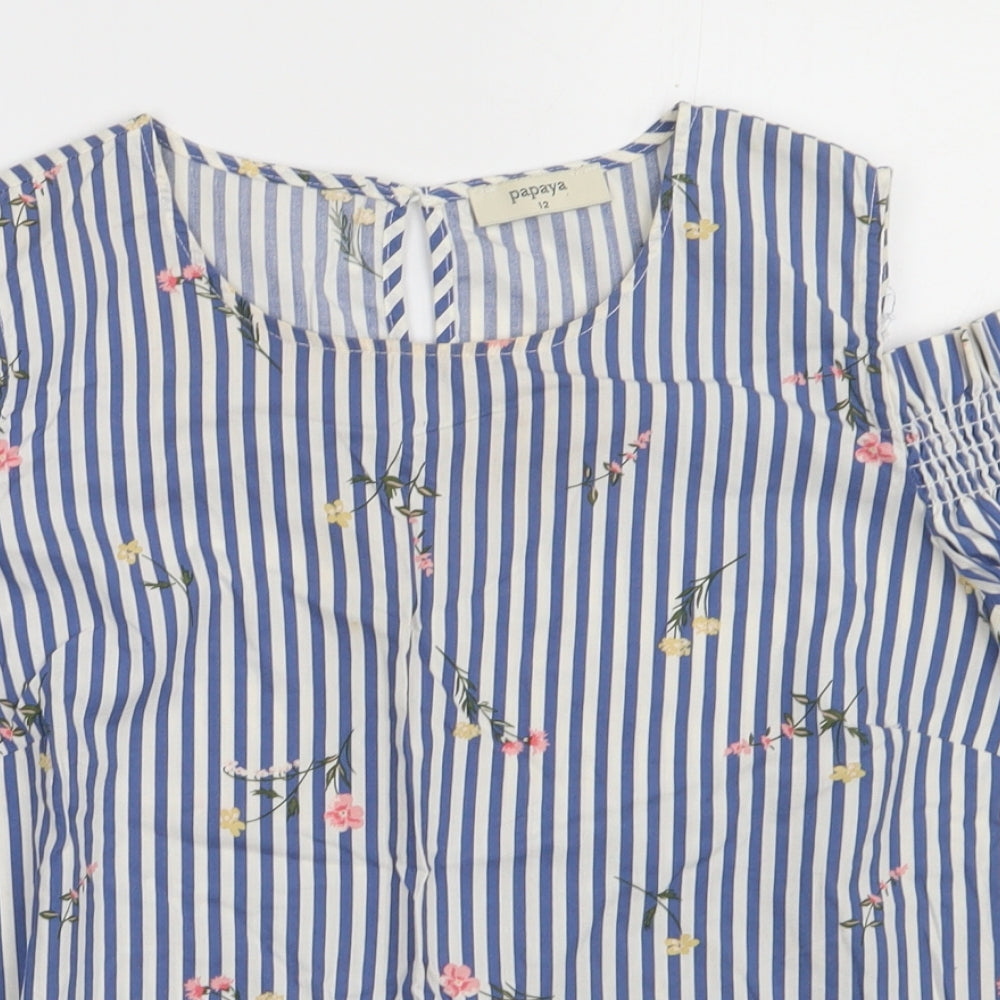 Matalan Womens Blue Striped Cotton Basic Tank Size 12 Crew Neck - Cold shoulder