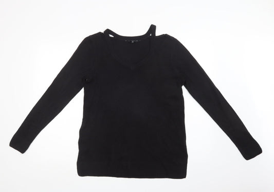 F&F Womens Black V-Neck  Acrylic Pullover Jumper Size 12