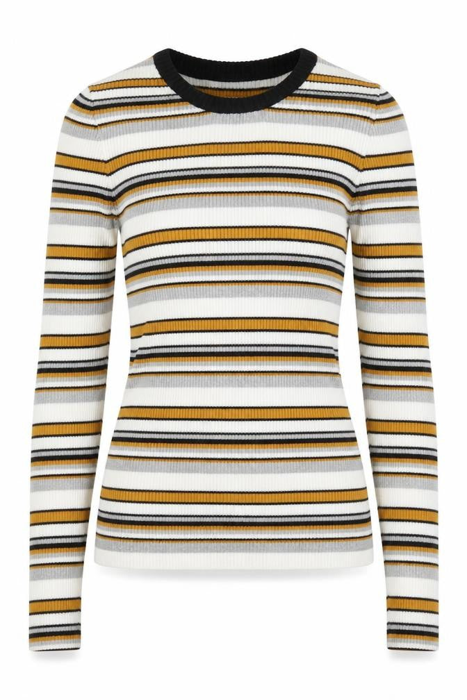 Front view of Topshop women’s yellow round neck striped acrylic jumper, size XS