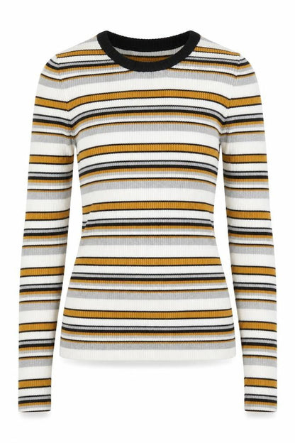 Front view of Topshop women’s yellow round neck striped acrylic jumper, size XS