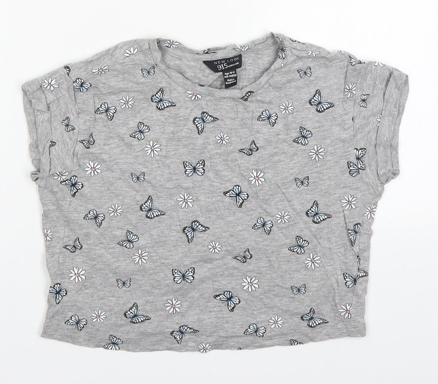 New Look Girls Grey Floral Cotton Cropped T-Shirt Size 10-11 Years Round Neck Pullover - Butterflies