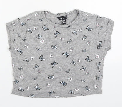 New Look Girls Grey Floral Cotton Cropped T-Shirt Size 10-11 Years Round Neck Pullover - Butterflies