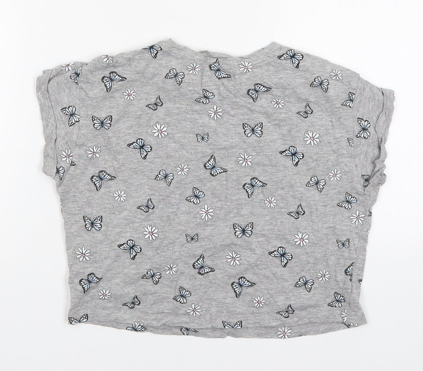 New Look Girls Grey Floral Cotton Cropped T-Shirt Size 10-11 Years Round Neck Pullover - Butterflies