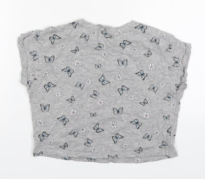 New Look Girls Grey Floral Cotton Cropped T-Shirt Size 10-11 Years Round Neck Pullover - Butterflies