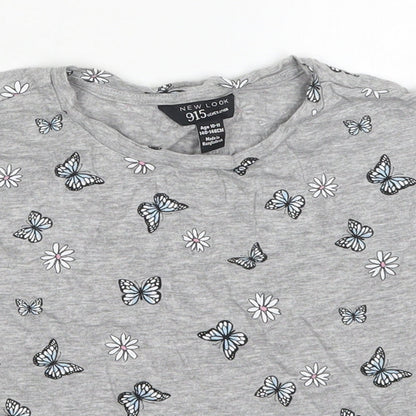 New Look Girls Grey Floral Cotton Cropped T-Shirt Size 10-11 Years Round Neck Pullover - Butterflies