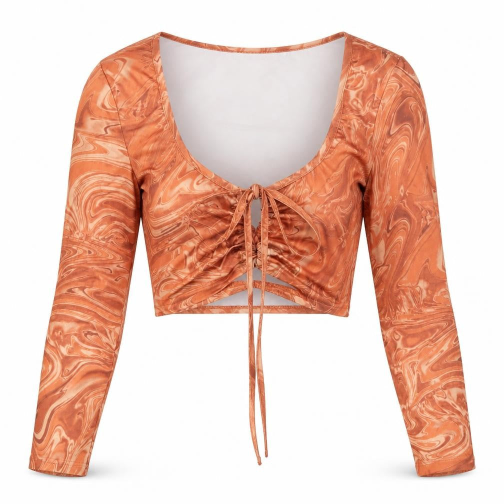 Front view of SHEIN women’s orange polyester cropped t-shirt, size S, off the shoulder - abstract
