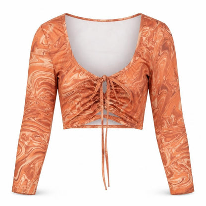 Front view of SHEIN women’s orange polyester cropped t-shirt, size S, off the shoulder - abstract