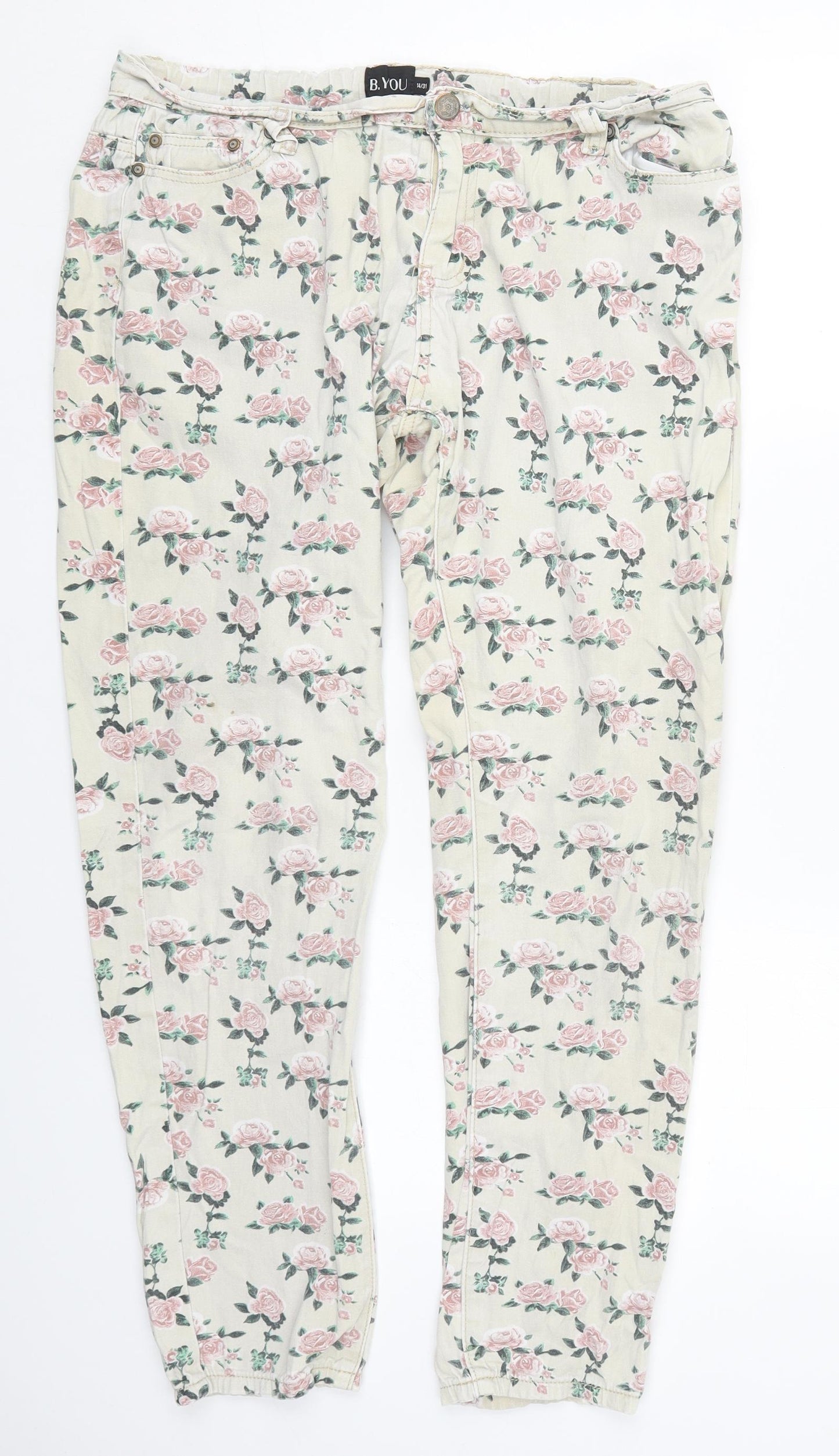 B You Womens Beige Floral Cotton Skinny Jeans Size 14 L28 in Regular Button