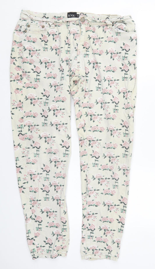 Front view of B You women’s beige floral cotton skinny jeans, size UK 14, 28-inch leg regular button