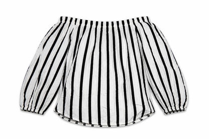 Front view of Select women’s white striped viscose cropped blouse, size UK 10, off the shoulder