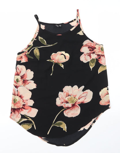 Izabelle Womens Black Floral Polyester Camisole Blouse Size 10 Round Neck