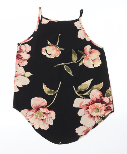 Izabelle Womens Black Floral Polyester Camisole Blouse Size 10 Round Neck