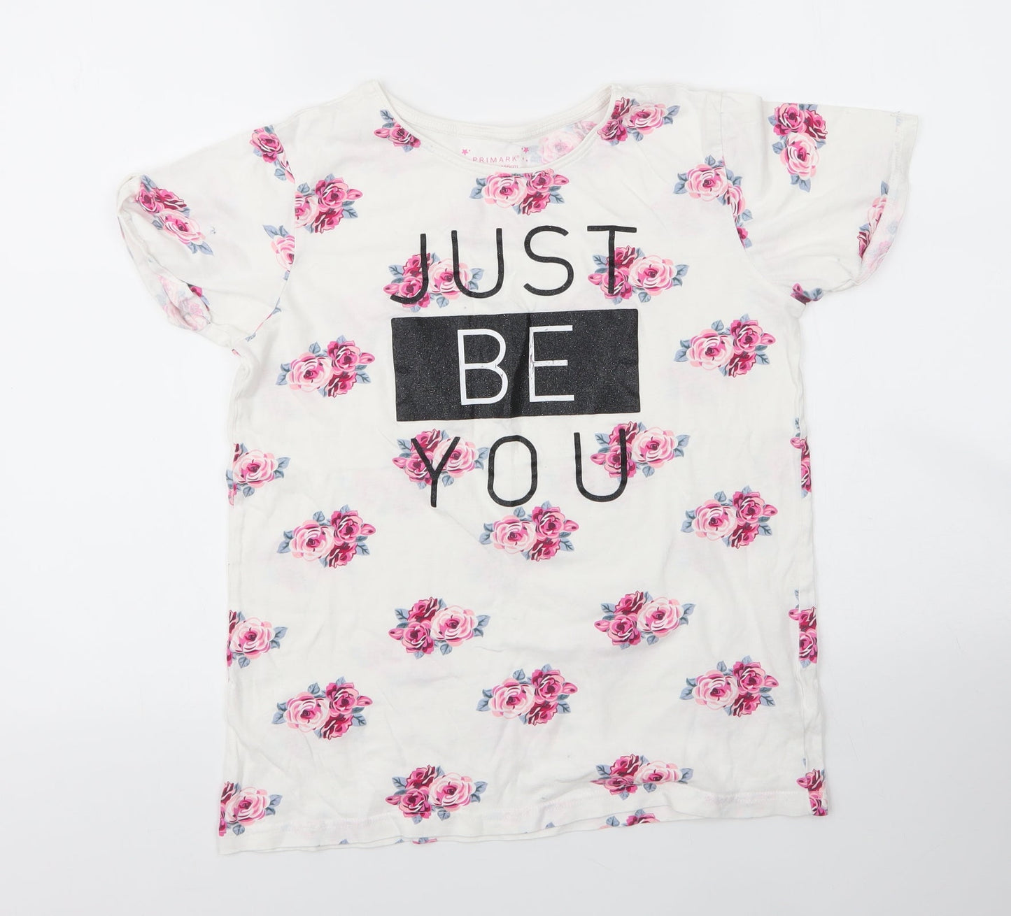 Primark Girls White Floral Cotton Basic T-Shirt Size 14 Years Round Neck