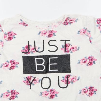 Primark Girls White Floral Cotton Basic T-Shirt Size 14 Years Round Neck