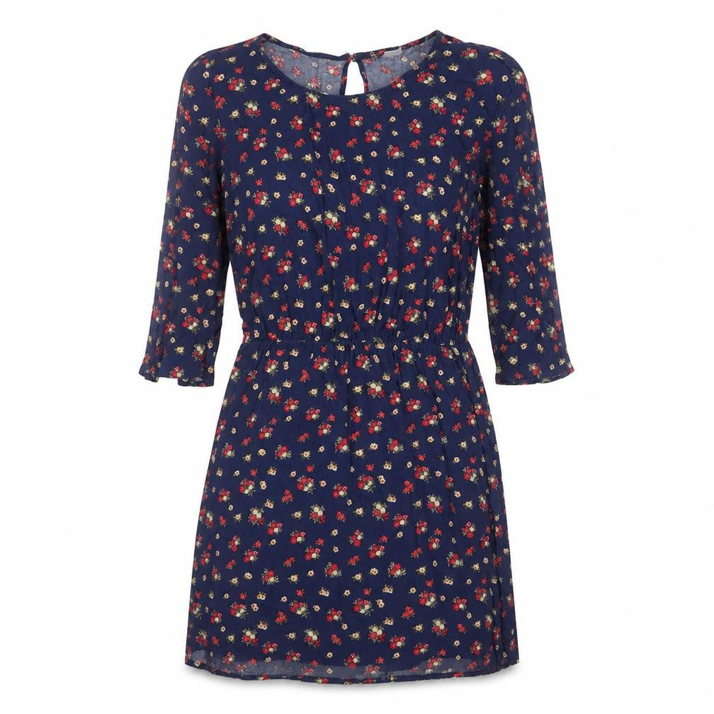 Front view of Divided by H&M women’s blue floral viscose fit & flare, size UK 6, round neck