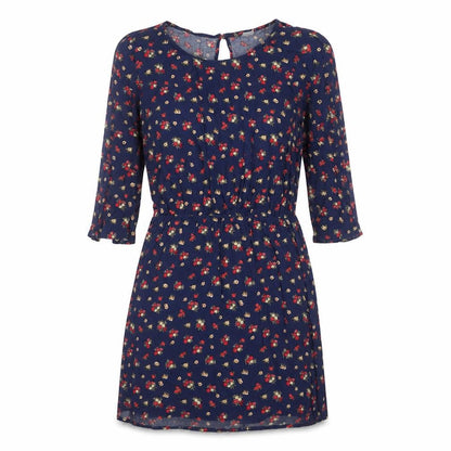 Front view of Divided by H&M women’s blue floral viscose fit & flare, size UK 6, round neck