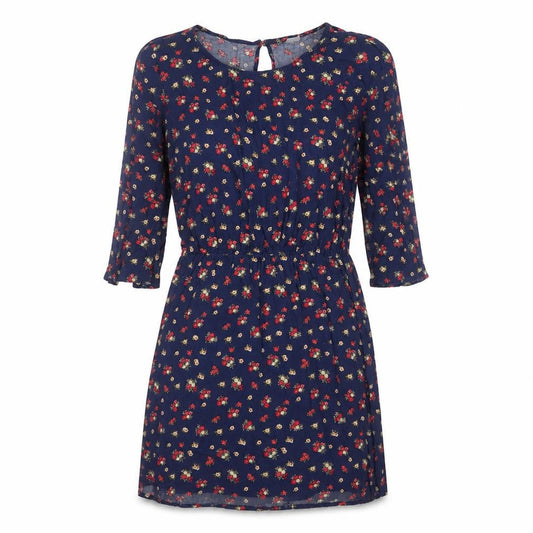 Front view of Divided by H&M women’s blue floral viscose fit & flare, size UK 6, round neck